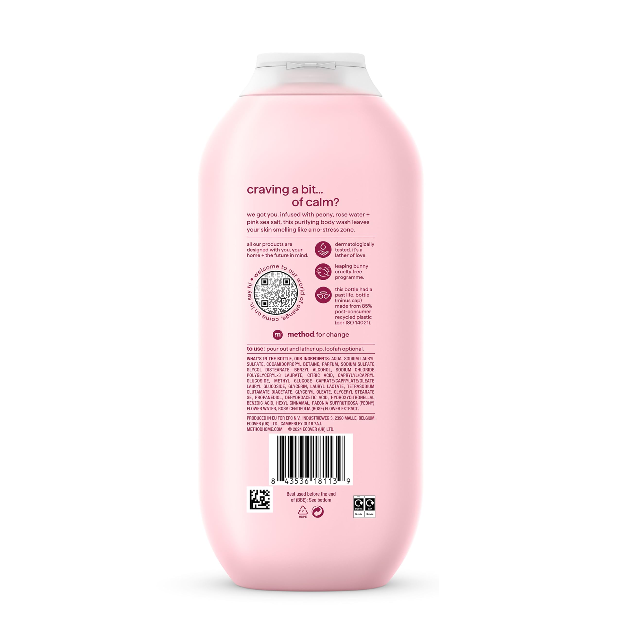 Method Body Wash, Pure Peace, Shower Gel, Peony, Rose Water And Pink Sea Salt Scent, Pack of 1, 532ml.