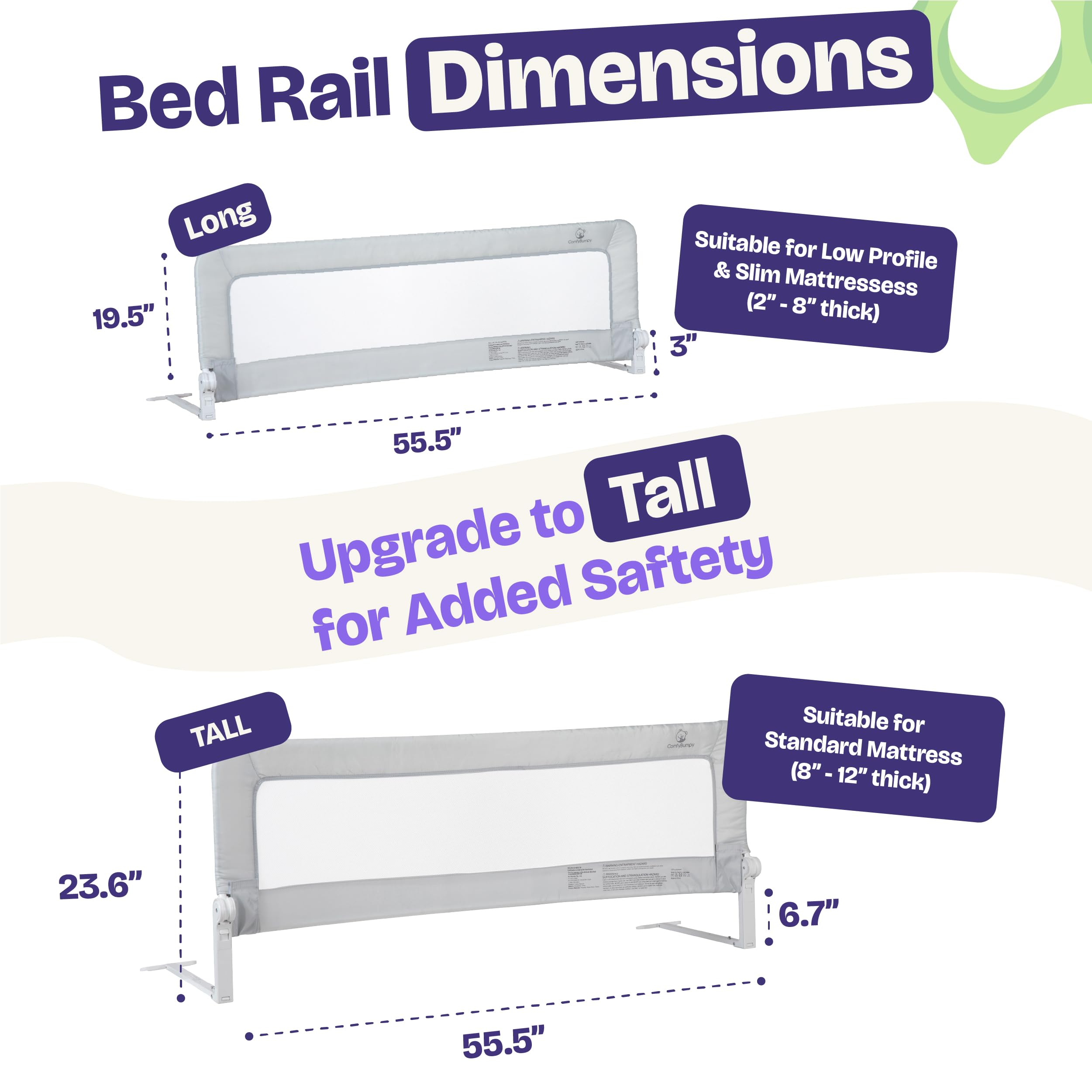 ComfyBumpy 1-Pack Bed Rail for Toddlers 55.5" L x 19.5" H | Toddler Bed Rails for Twin, Full, Queen & King Mattress Size | Swing Down Rail Guard | Mattress Side Rail for Kids | Gray