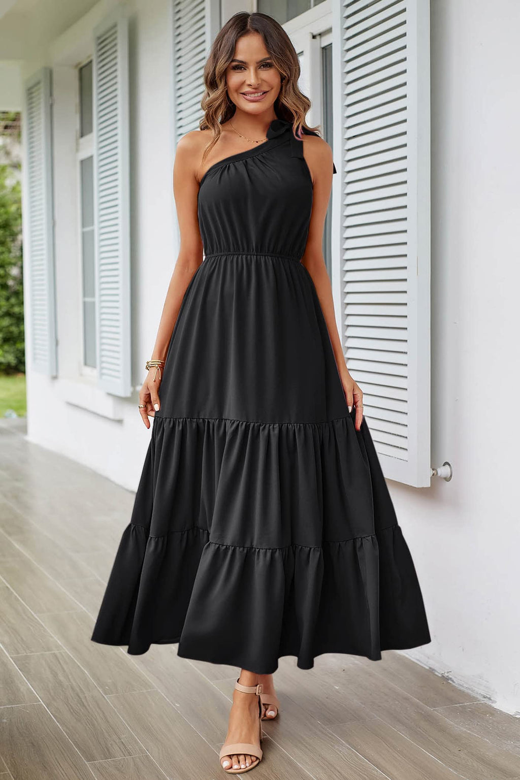 PRETTYGARDEN Women's Summer Floral Maxi Dress Knot One Shoulder Sleeveless Ruffle Flowy Boho Beach Wedding Guest Dresses (Solid Black,XX-Large)