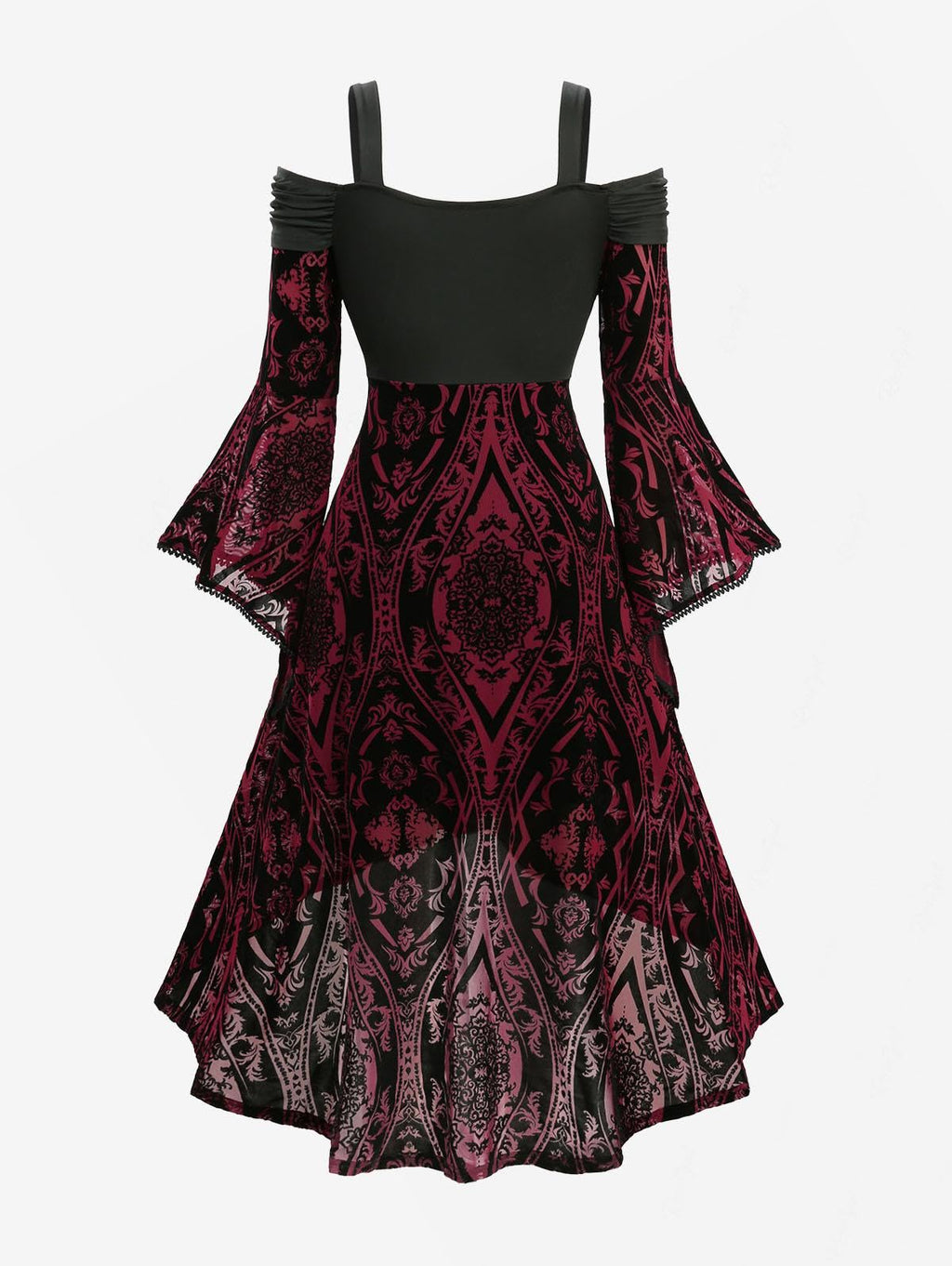 ROSE GAL Plus Size Womens Renaissance Costume Dress Medieval Goth Cold Shoulder Trumpet Sleeves Floral Flocking Twist High Low Midi Halloween Witch Dress(Red_1/2X)
