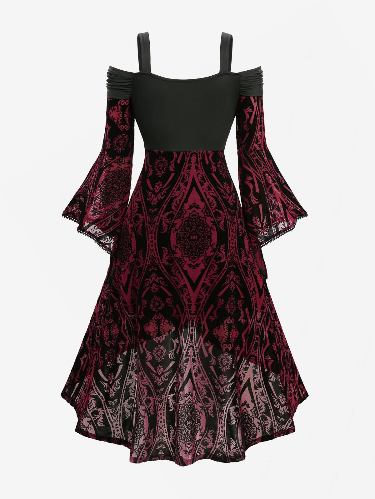 ROSE GAL Plus Size Womens Renaissance Costume Dress Medieval Goth Cold Shoulder Trumpet Sleeves Floral Flocking Twist High Low Midi Halloween Witch Dress(Red_1/2X)