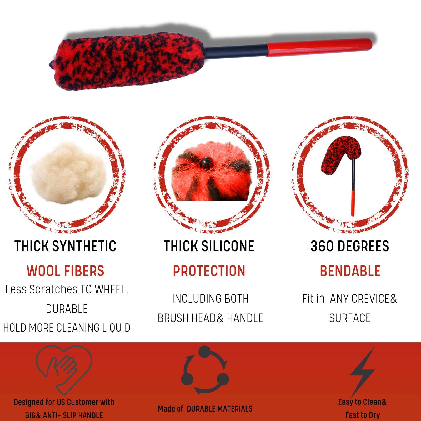 oesee Professional 4 Pack Long Handle Wheel Brush Kit for Cleaning Wheel and Tire- 2X Soft Wheel Cleaning Brush, Detailing Brush and Stiff Tire Brush, Bendable& Durable Wheel Rim Cleaner Brush Set