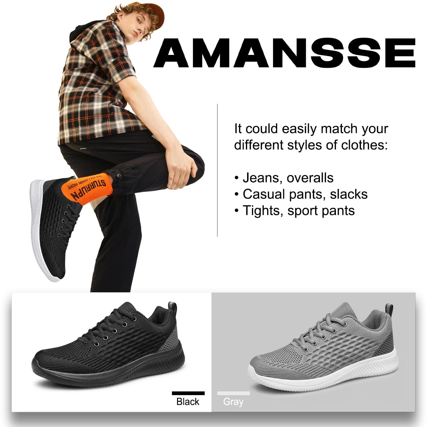 AMANSSE Men's Walking Shoes Non Slip Running Sneakers Lightweight Breathable Tennis Shoes Workout Athletic Sneakers Black Size 10.5