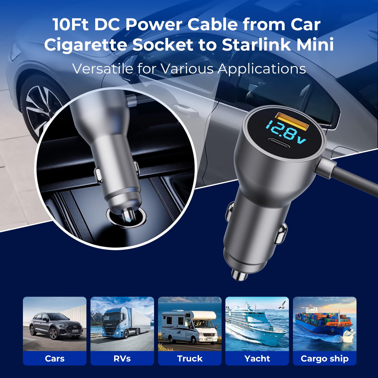 Starlink Mini Cable,Starlink Mini Accessories Car Charger, 3-in-1 DC Power Cable with 12V-48V Cigarette Lighter Adapter,PD 30W + USB-A 30W + DC 72W Car Power Supply for Trucks, RVs, Boats(10Ft)