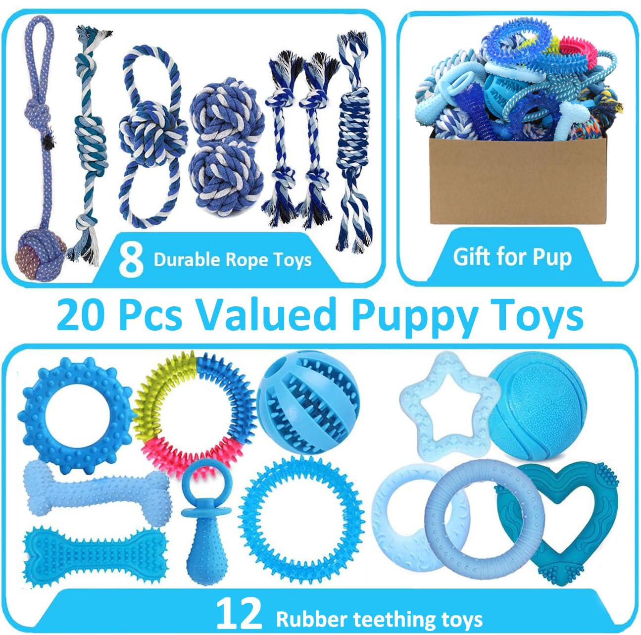 Beiker 20 Pack Puppy Chew Toys - Blue Dog Teething Toys for Puppies, Puppy Teething Rings and Ropes, Rubber Toy Bundle for Small Dogs, Cute Interactive Dog Balls for Small Breed