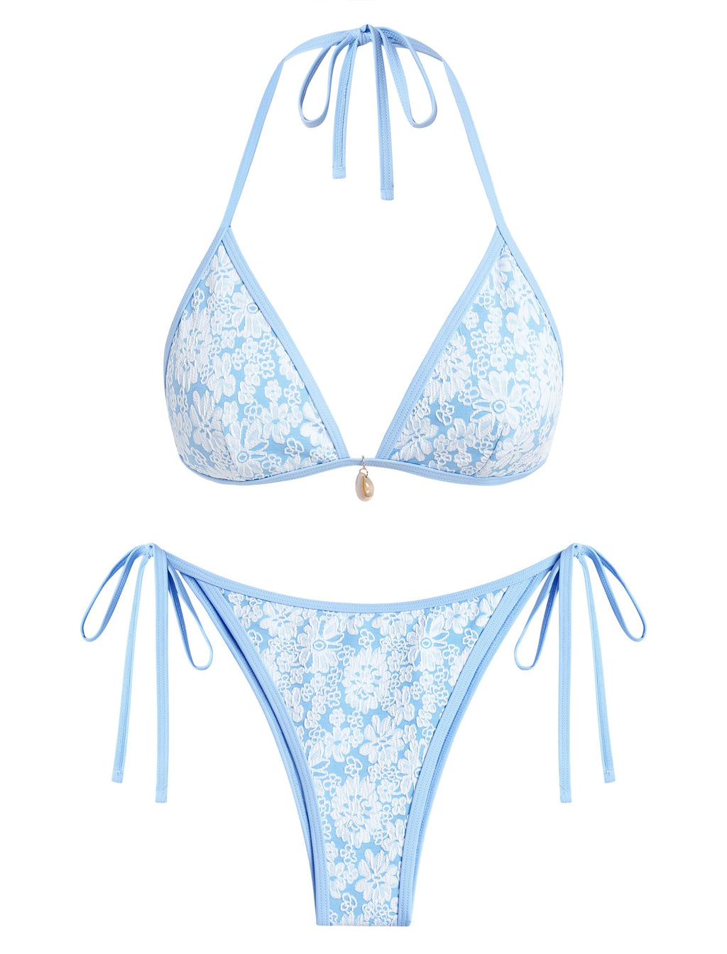 ZAFUL Womens Shell Halter Bikini Sets High Cut Side Tie 2 Piece Swimsuits Sexy String Bathing Suits Blue Lace Floral M