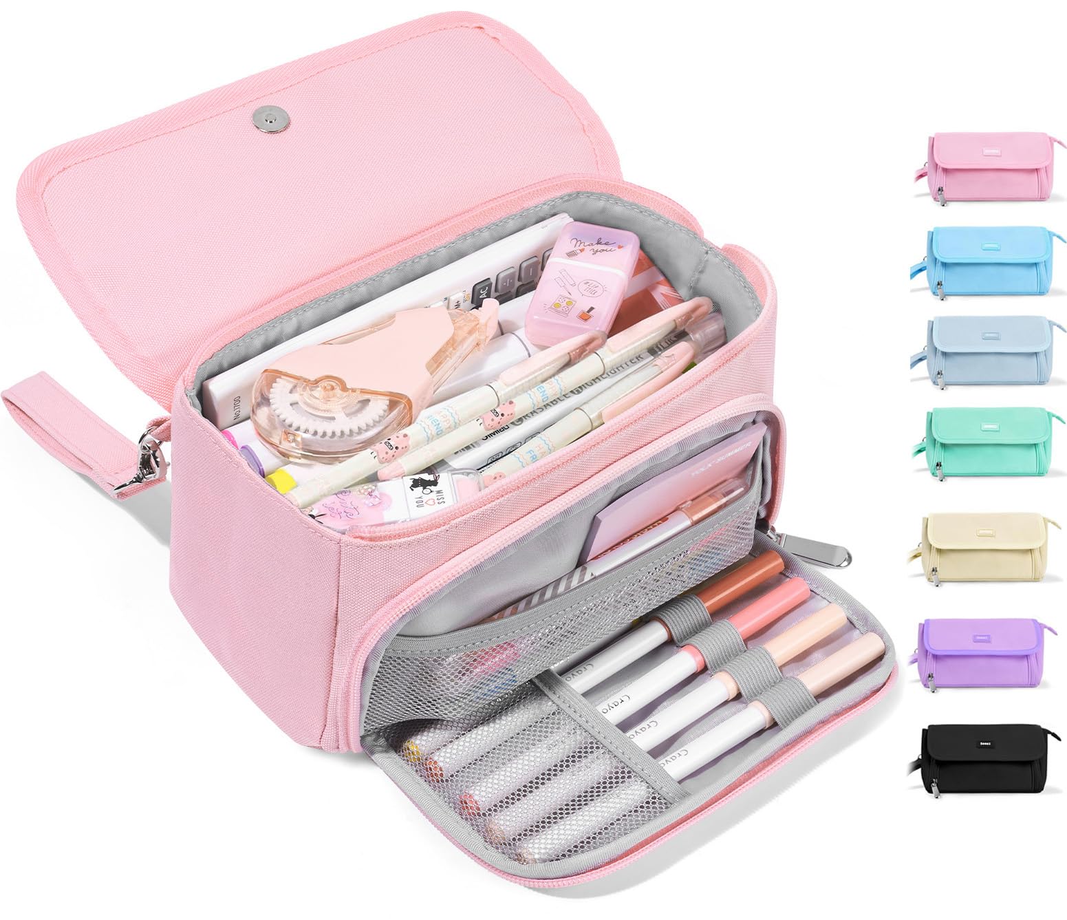 Sooez Super Large Pencil Case, Big Capacity Pencil Bag with 3 Compartments, Hold 200 pencils, Cute Pencil Pouch with Zipper, Portable Stationery Pen Bag, Aesthetic School Supplies For Girls, Pink