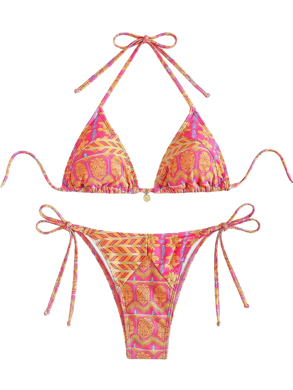 WDIRARA Women's 2 Piece Floral Print Swimsuits Geometric Halter String Triangle Bikini Set Beach Bathing Suit Pink Yellow Multi Medium