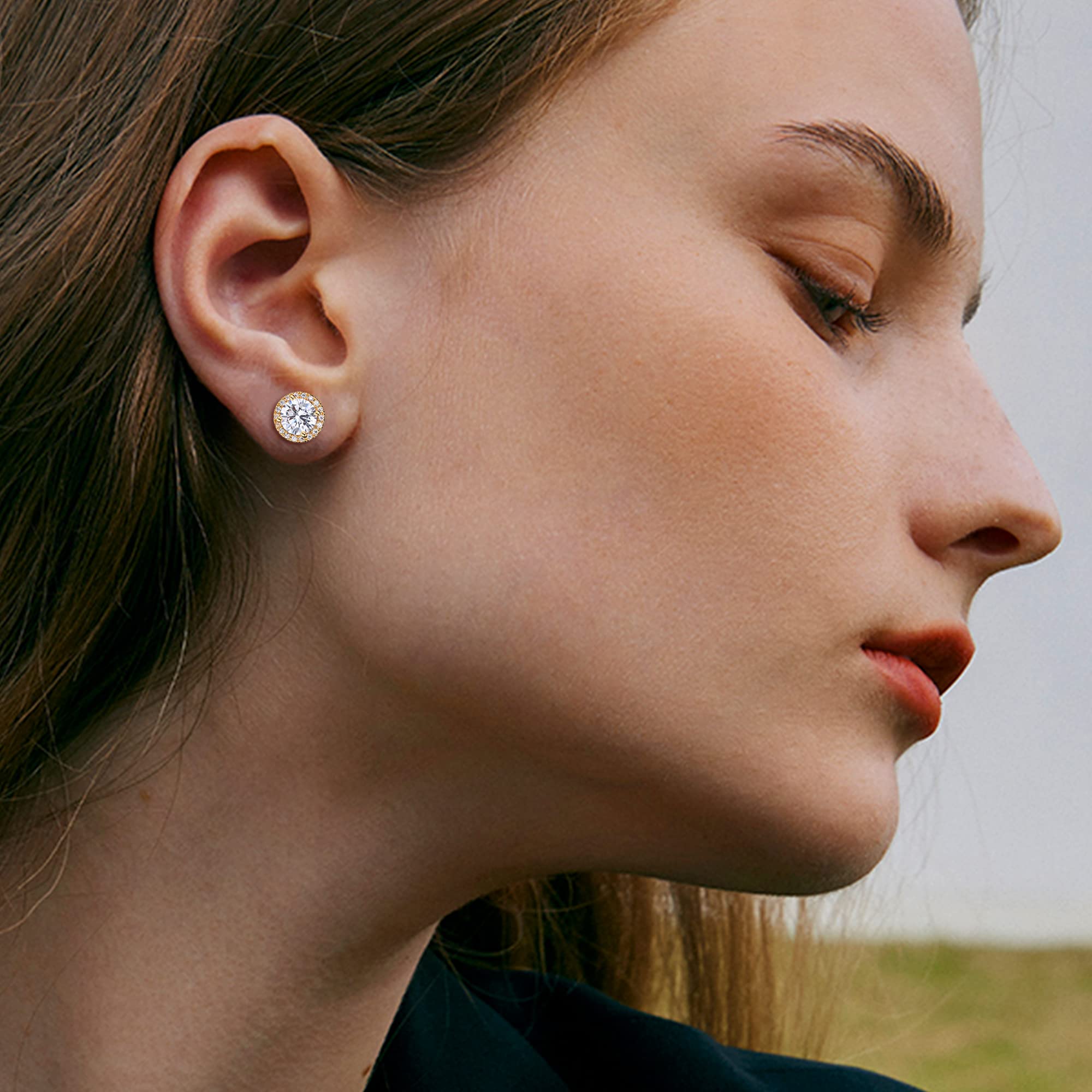 MILACOLATO Cubic Zirconia Stud Earrings Women Men 18K Yellow Gold Plated Hypoallergenic Sterling Silver Post Earrings Brilliant Large Simulated Diamond Halo Stud Earrings for Sensitive Ears