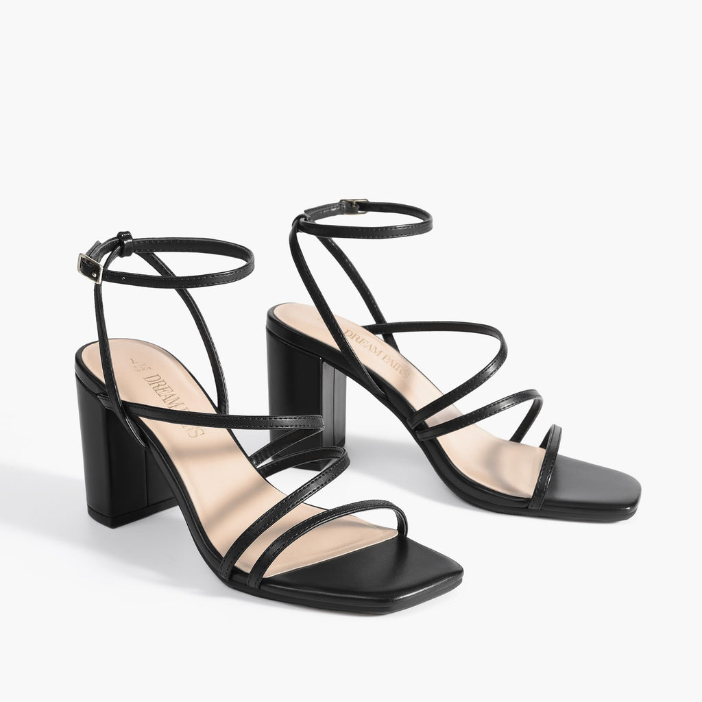 DREAM PAIRS Women's Heels Chunky Block Strappy Square Open Toe Ankle Buckle Heeled Sandals Wedding Party Dress Shoes Indie,Size 9,Black,SDHS2428W
