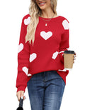 Drvitor Womens Pullover Sweaters Long Sleeve Crewneck Casual Pullover Cute Heart Pattern Knitted Sweater (Red&White, Small)