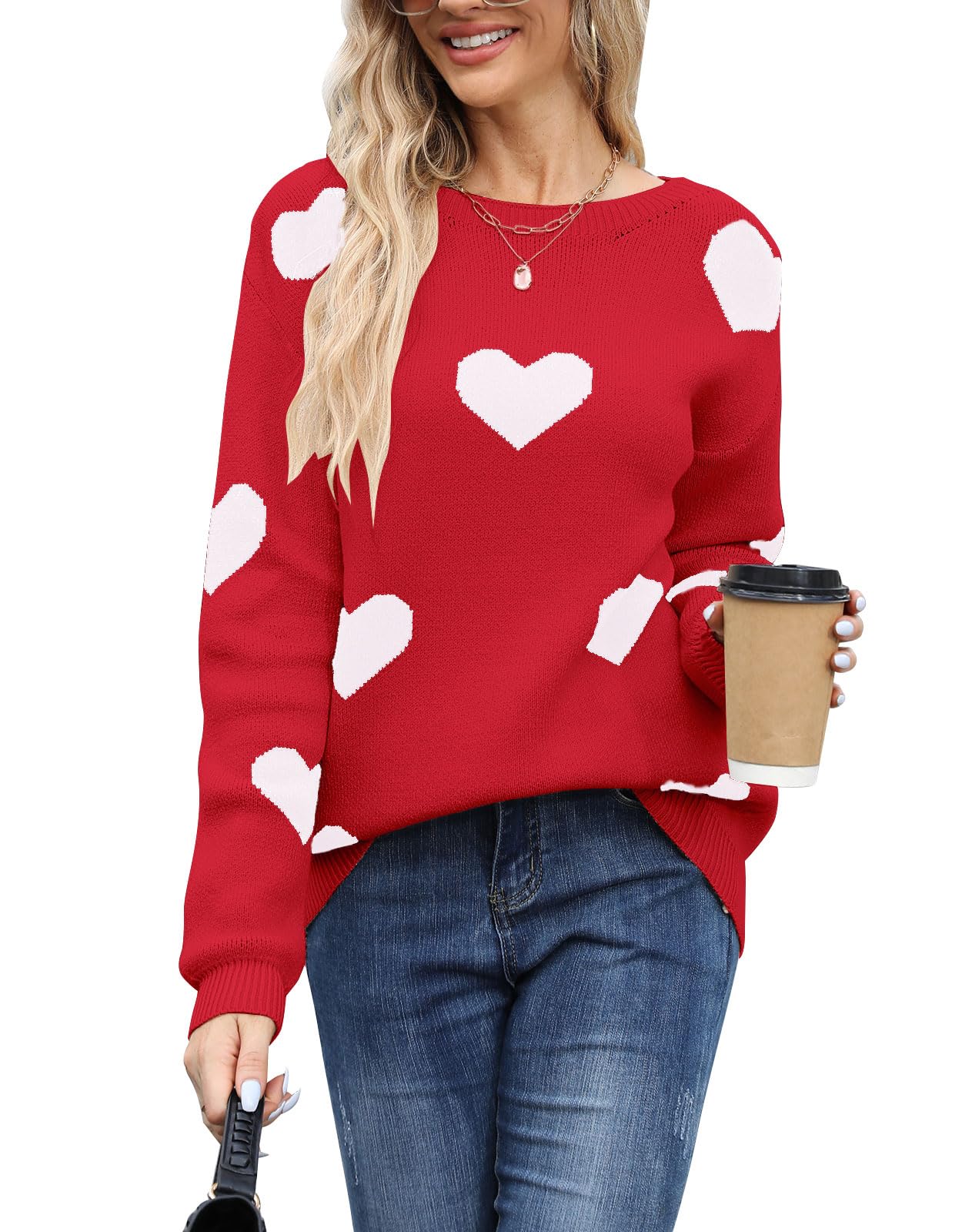 Drvitor Womens Pullover Sweaters Long Sleeve Crewneck Casual Pullover Cute Heart Pattern Knitted Sweater (Red&White, Small)