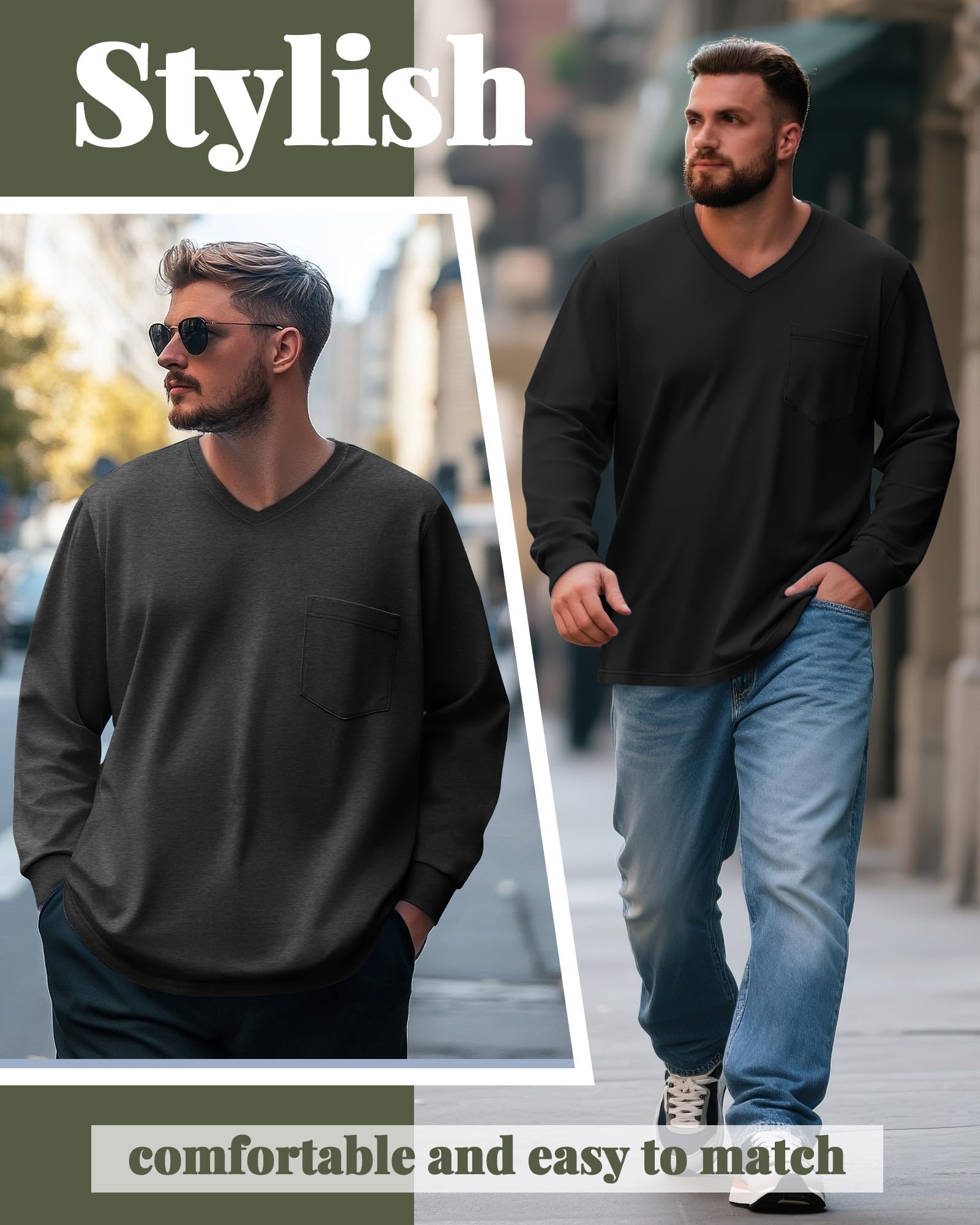 Ficerd 3 Pack Men's Big and Tall V Neck Shirts with Pocket Long Sleeve Plus Size Tops Basic Casual Loose Fall Tee(Black, Heather Gray, Navy Blue,X-Large)