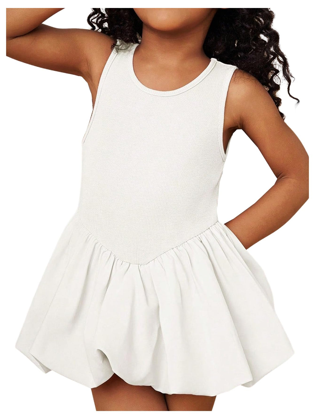 WDIRARA Toddler Girl's Cute Sleeveless Bubble Dress Crew Neck A Line Short Dress White 4Y