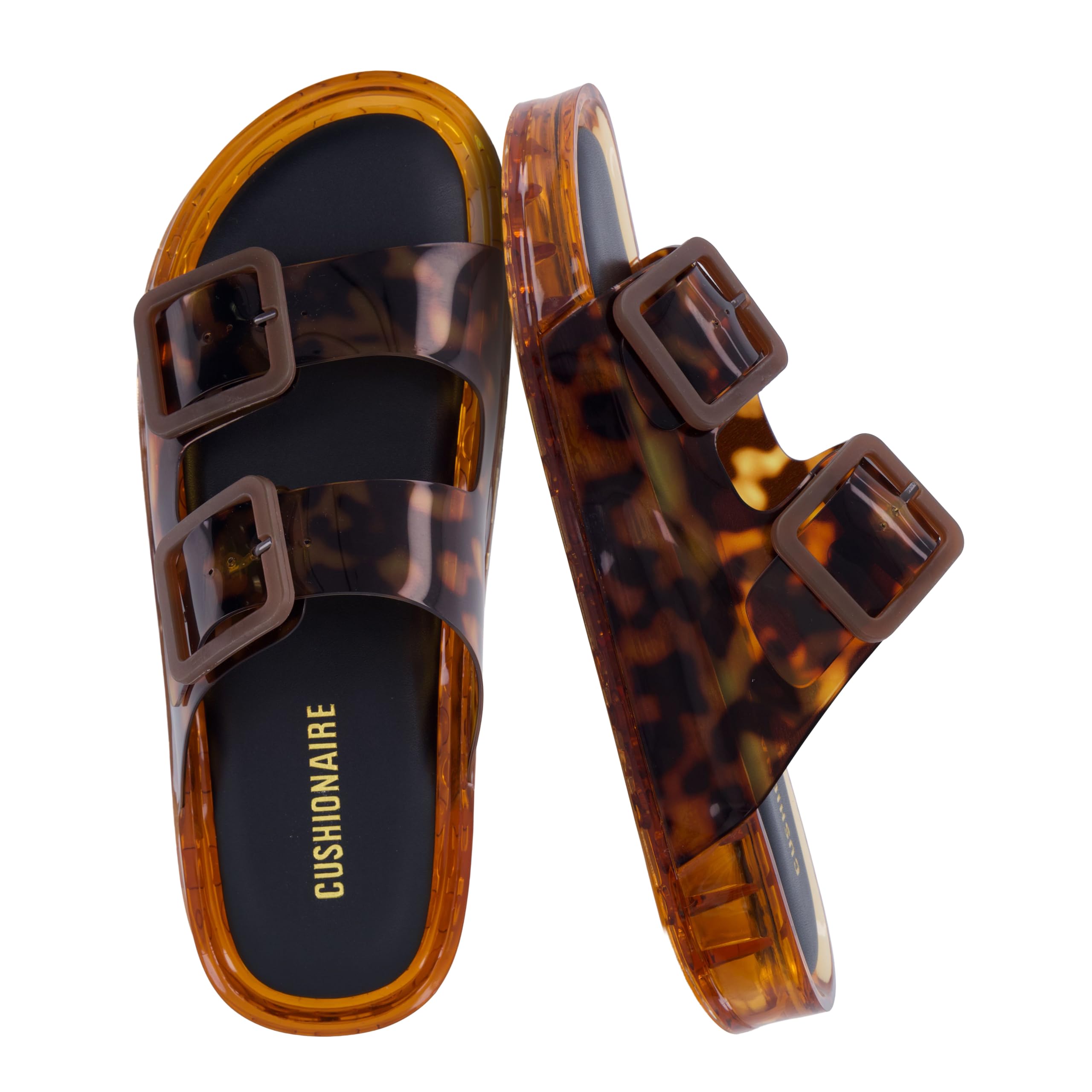 CUSHIONAIRE Pool Slides for Women Waterproof Double Buckle Adjustable Slip-On Womens Sandals for Beach Shower Casual Wear, TORTIE 6