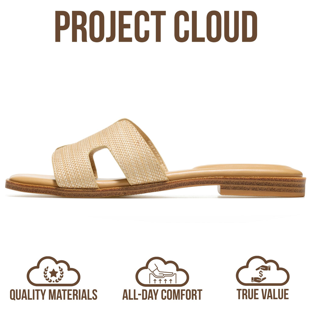 Project Cloud 100% Genuine Leather Sandals for Women 2026 - Fashion Flat Womens Sandals with Memory Foam Insole Slides Sandals Women Footwear - Mules Women's Sandals (Jannel,Raffia,6.5)