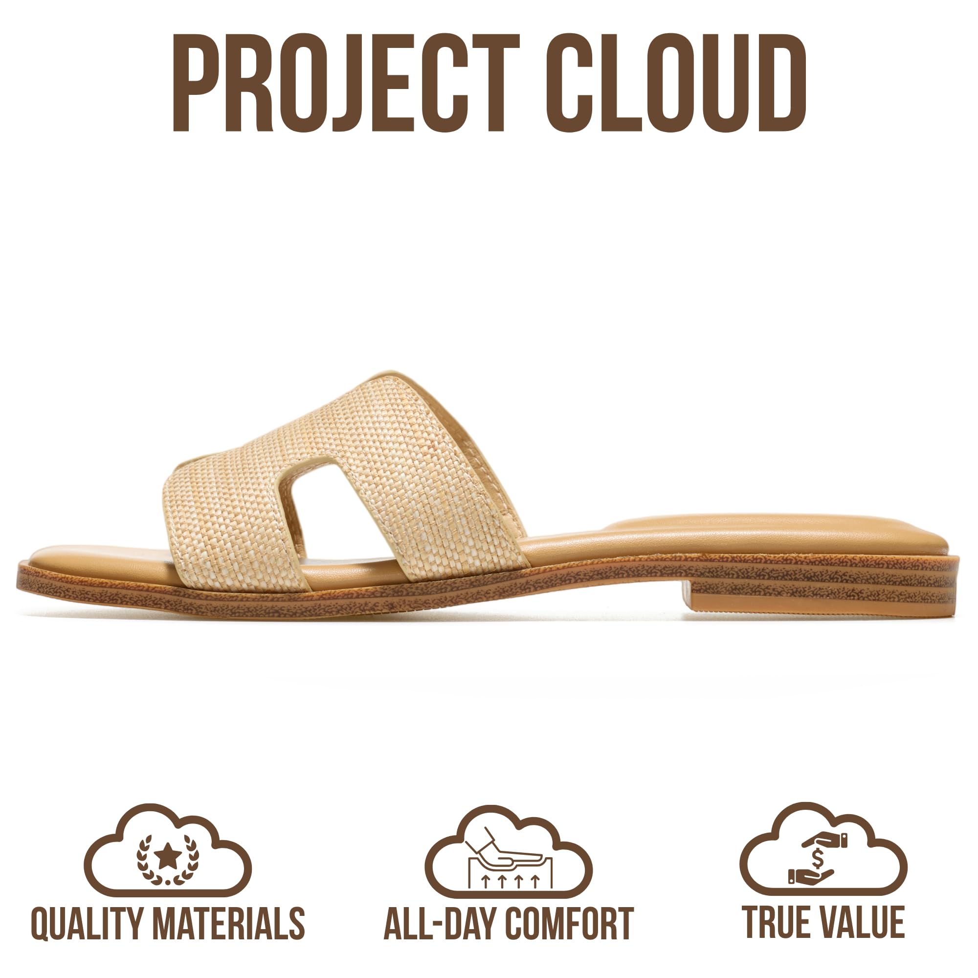 Project Cloud 100% Genuine Leather Sandals for Women 2026 - Fashion Flat Womens Sandals with Memory Foam Insole Slides Sandals Women Footwear - Mules Women's Sandals (Jannel,Raffia,6.5)