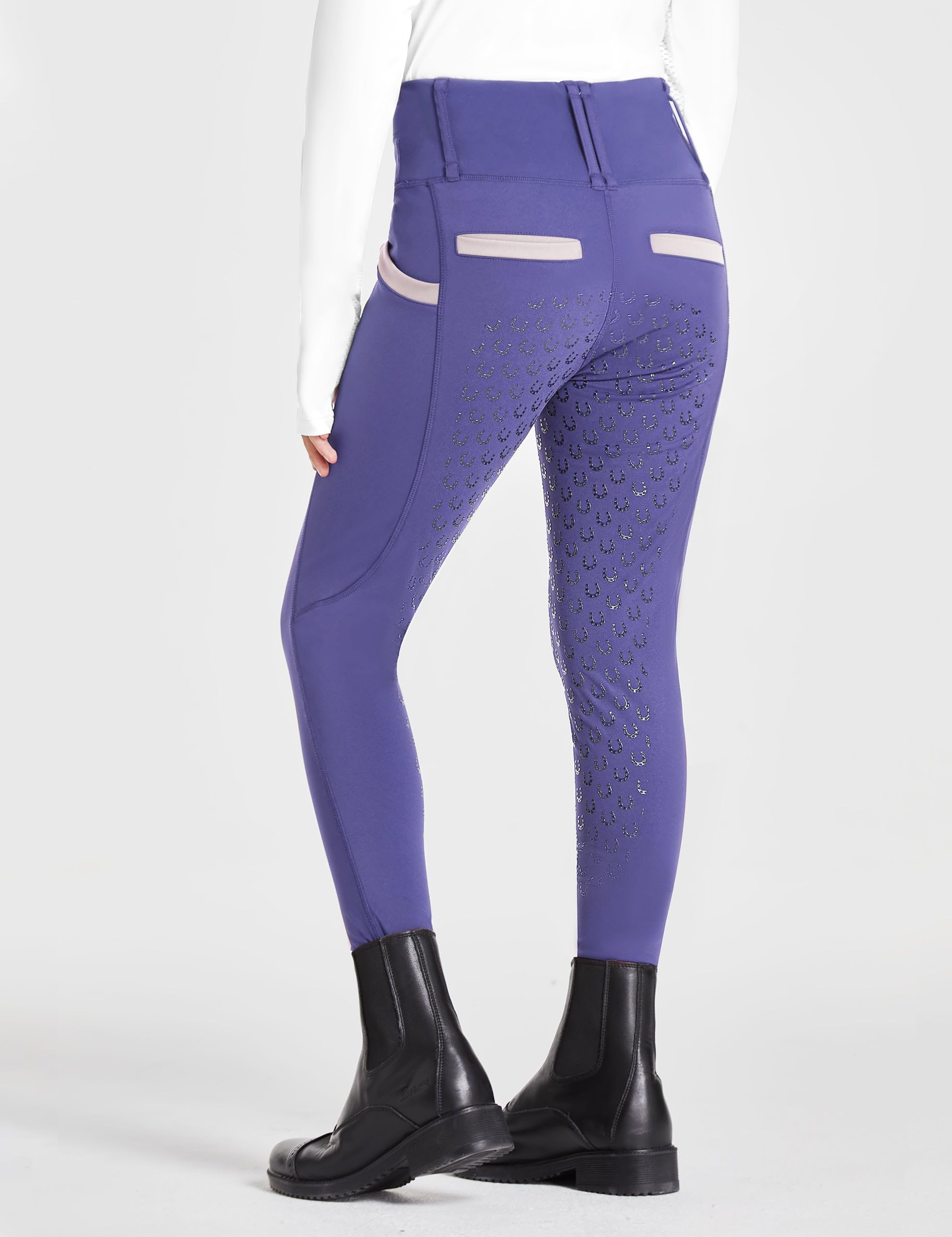 FitsT4 Sports Girls Riding Pants Full Seat High Waist Kids Equestrian Breeches Horse Schooling Tights Zipper Pockets Purple Size S