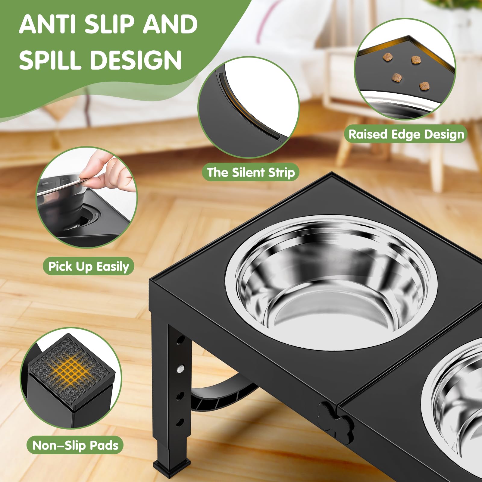 XIAZ Elevated Dog Bowls Large Breed Raised Dogs Bowl Stand Large/Medium Sized Dog Stainless Steel Food Water Bowl Stands 5 Heights Adjustable 9/11/12/14in Black Pet Feeder Dish Station