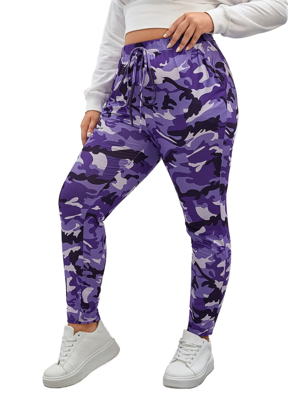 WDIRARA Women's Plus Size Camo Print Tie Front Stretch Skinny Long Pants Multicolor Purple 2XL