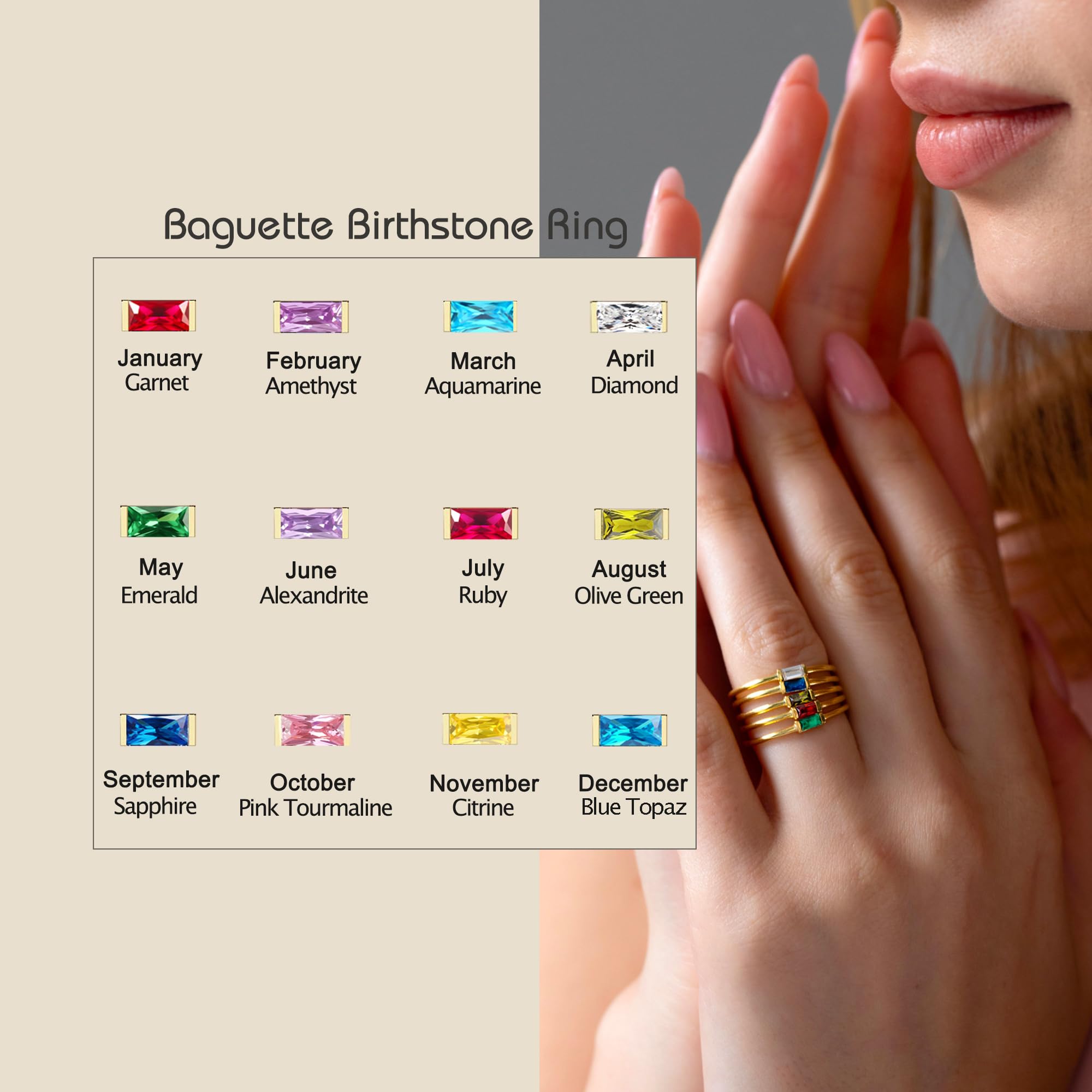 RLMOON Gold Birthstone Rings for Women Non Tarnish Gold Stackable Ring Dainty 14K Gold Plated Baguette Cubic Zirconia Ring Personalized Jewelry Gift for Birthday Size 7