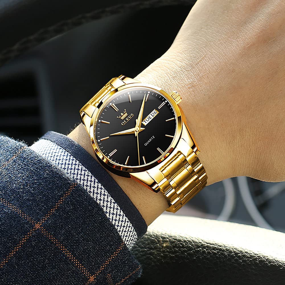 OLEVS Watch Men Gold Watches for Men,Mens Watches Luxury Waterproof Stainless Steel Business Classic Watch for Mens Gold Watch With Black Big Face Day Date Classic Watches Men's Wrist Watches,relojes para hombres