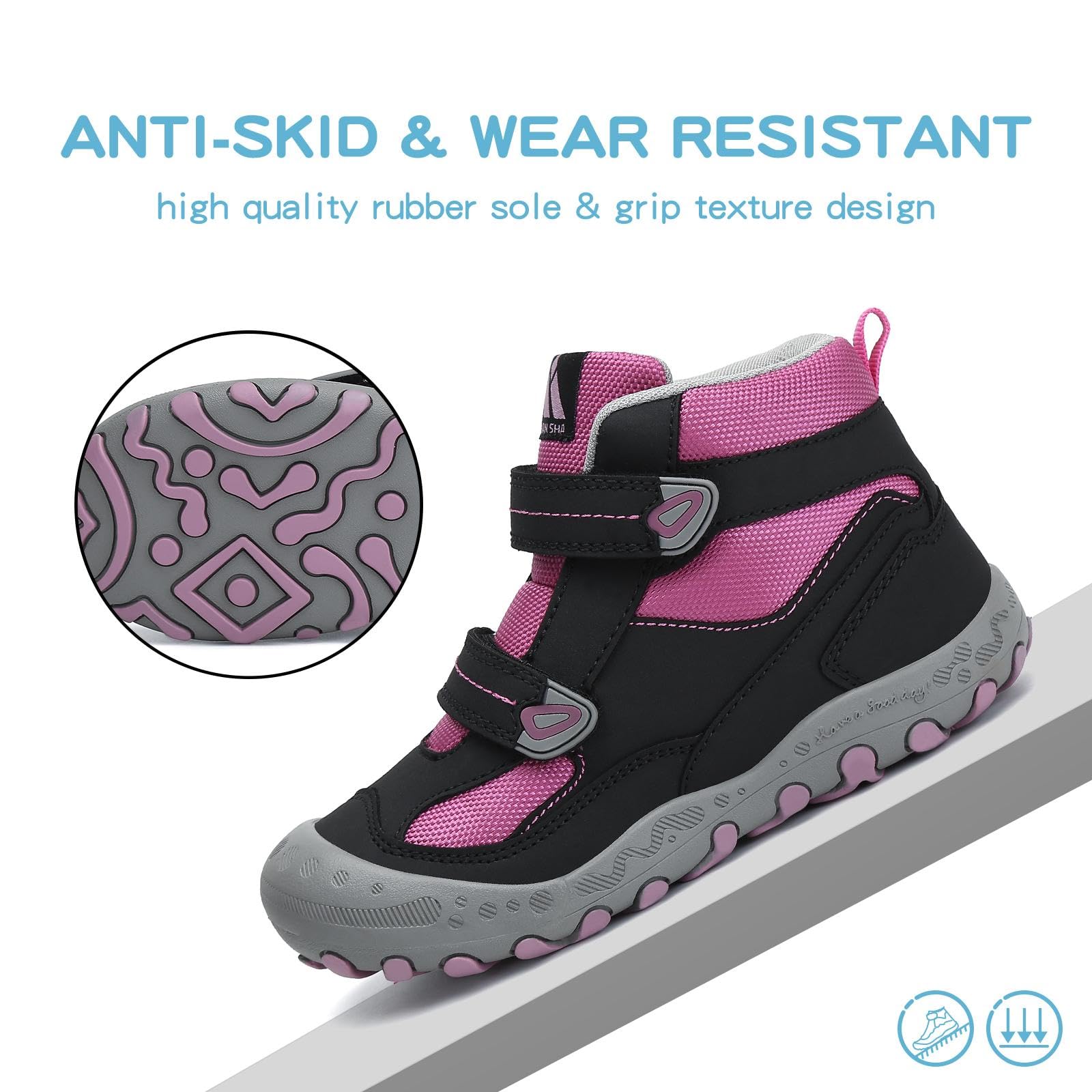 Mishansha Kids Hiking Boots for Little Boys Climbing Shoes Girls Boys Sneaker Hook and Loop Fastener Hiking Boots Outdoor Anti-Slip Boots Black/Rose/Gray 12 little_kid