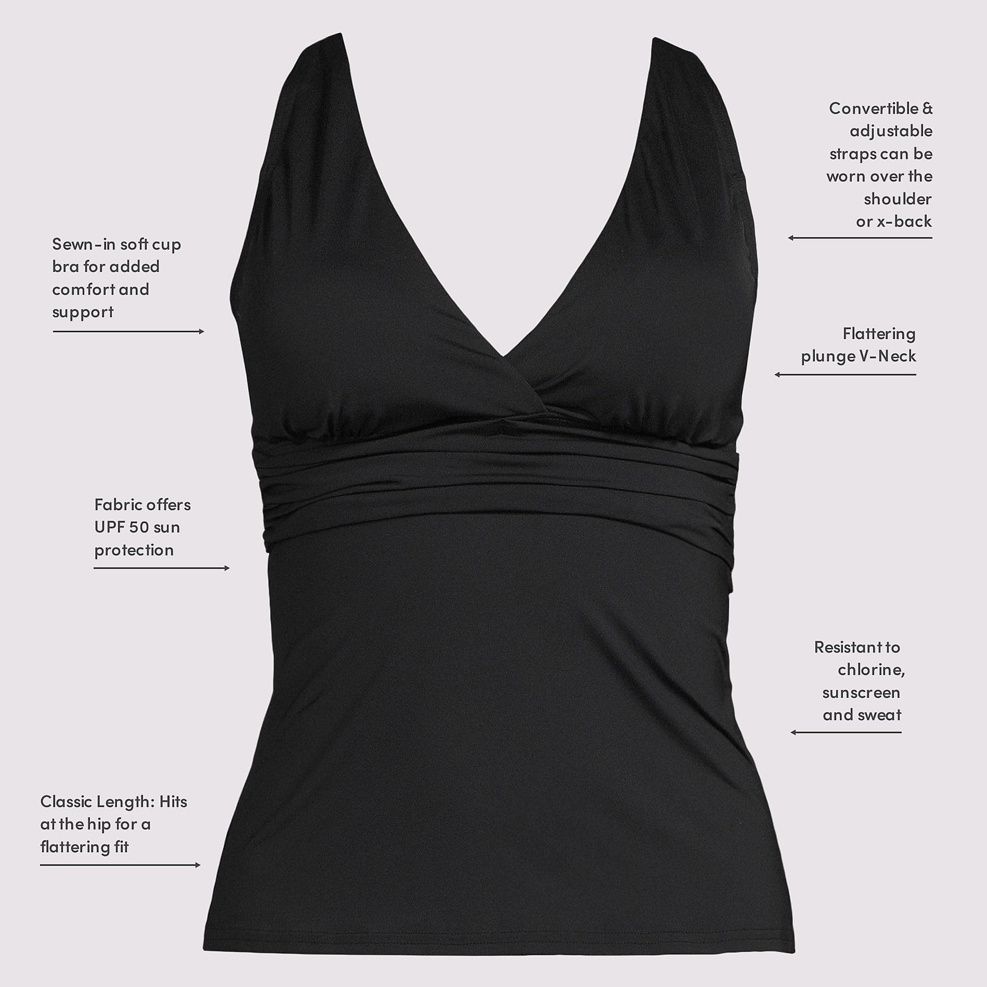Lands' End Women's Petite V-Neck Plunge X Back Tankini Top X-Small Black