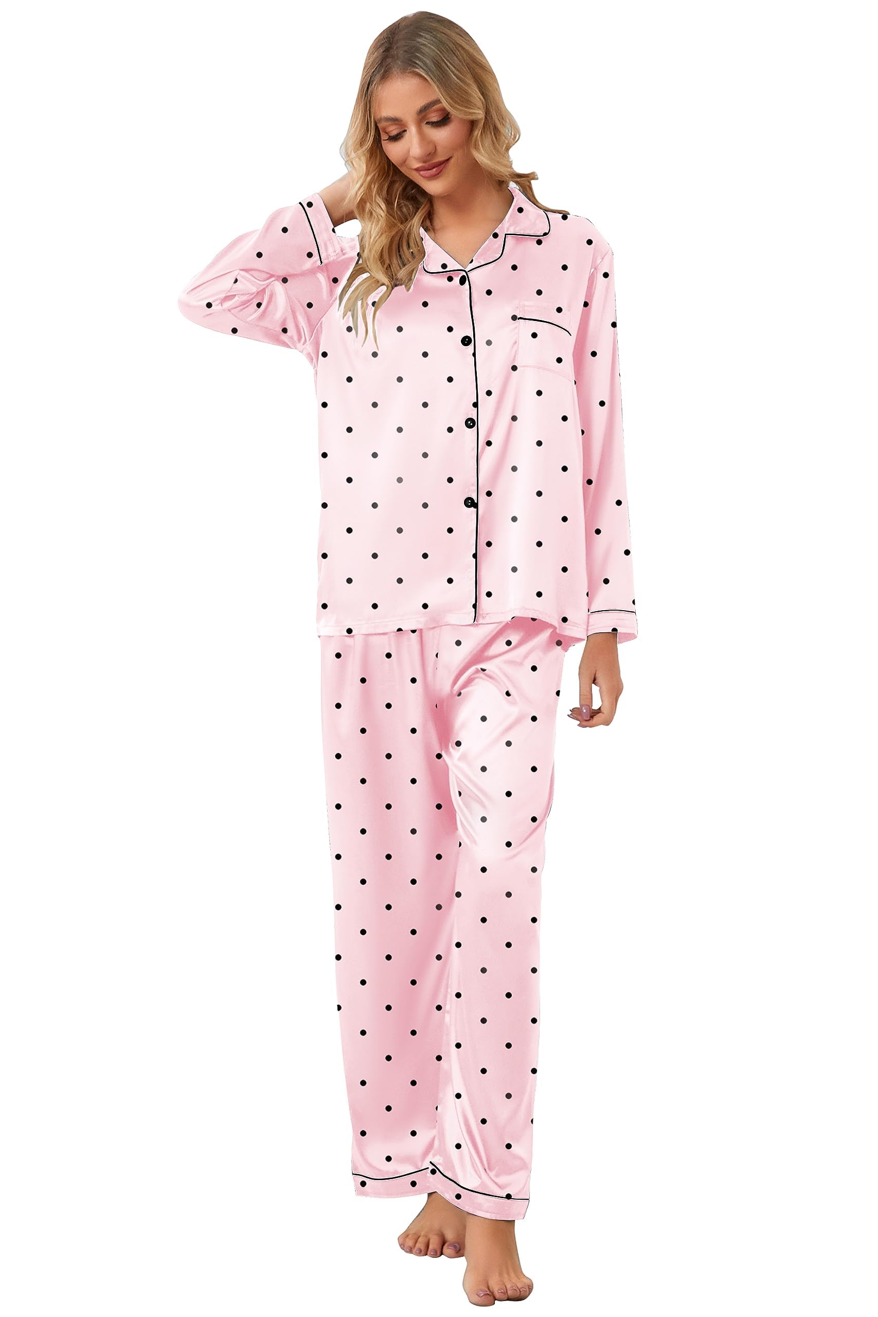 Schbbbta Silk Satin Pajamas for Girls Womens Loungewear Two-Piece Sleepwear Button-Down Pj Set, T - Pink Polka Dots, 5-6 Years = Tag 130