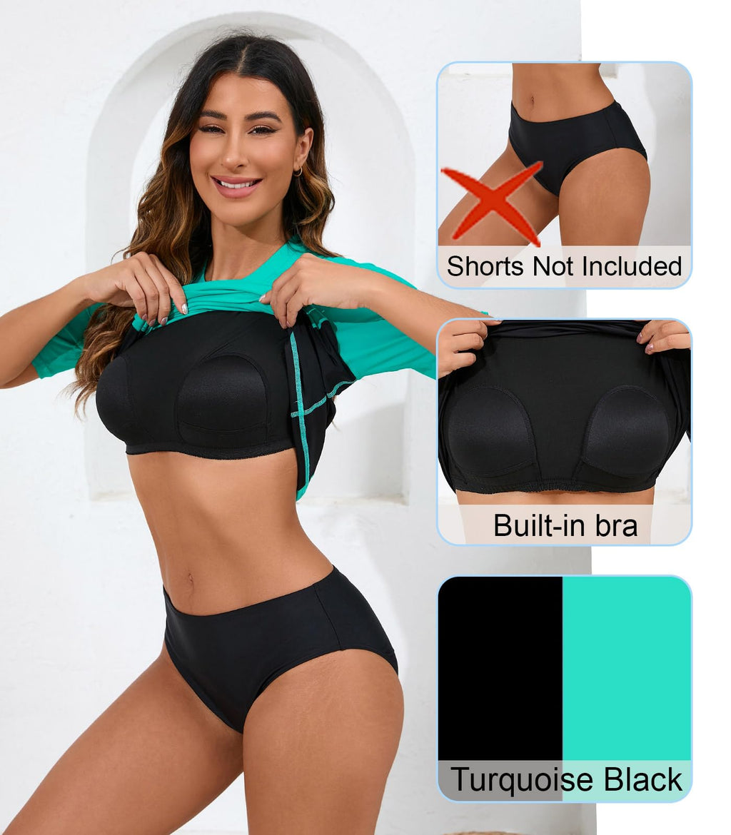 Halcurt Women's Short Sleeve Rash Guard Swimsuit Top with Built in Bra Swim Shirt UPF50+ Quick Dry Bathing Suit Turquoise Black XL
