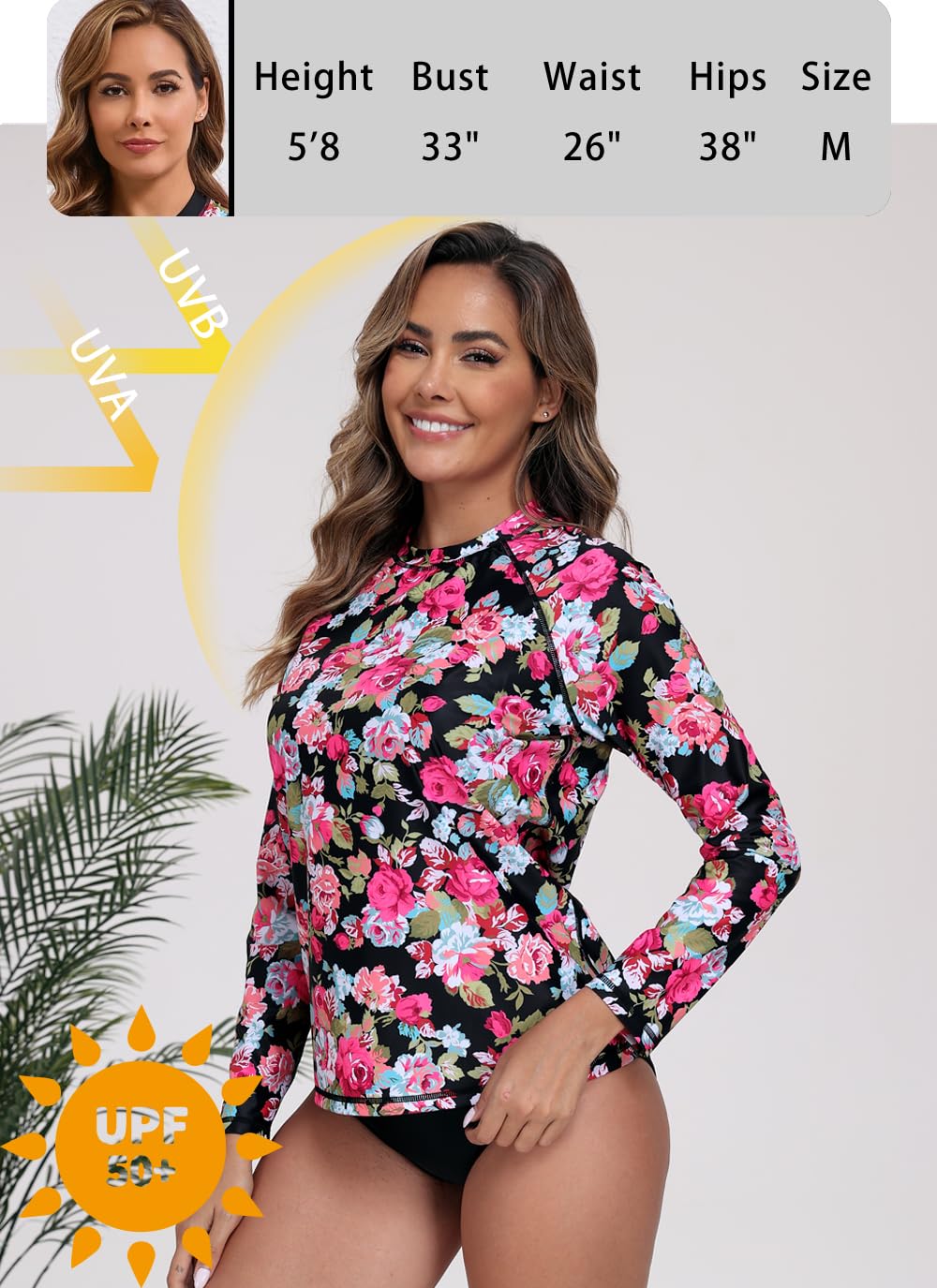Halcurt Womens Long Sleeve Rash Guard Swim Shirts with Built in Bra UPF50+ Sun Protection Swimsuit Top Black Pink Floral M