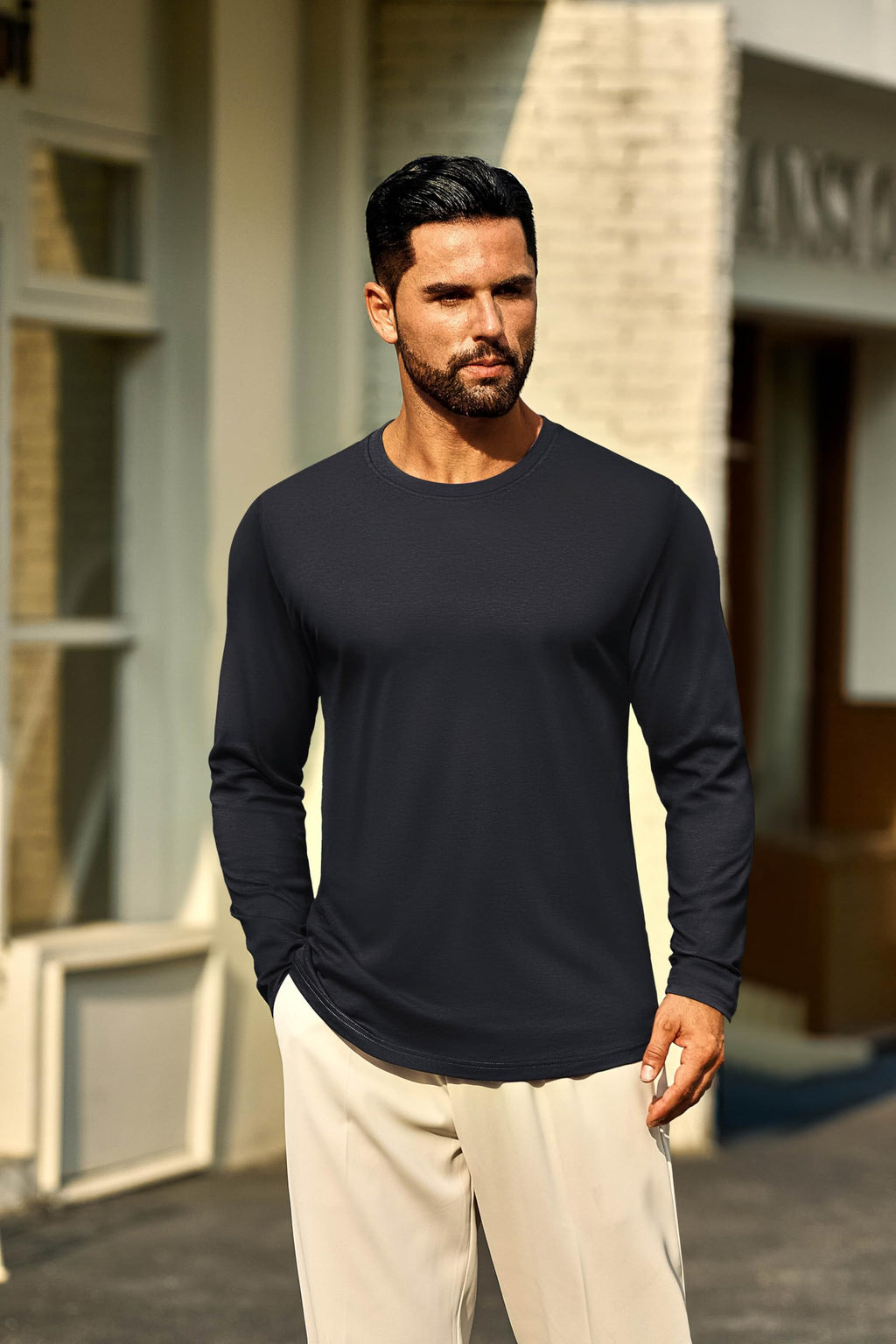 Cotrasen Mens Shirts Casual Stylish Long Sleeve T-Shirts Cotton Crew Neck Moisture Wicking Soft Basic Tee Shirts Mens Fashion Black M