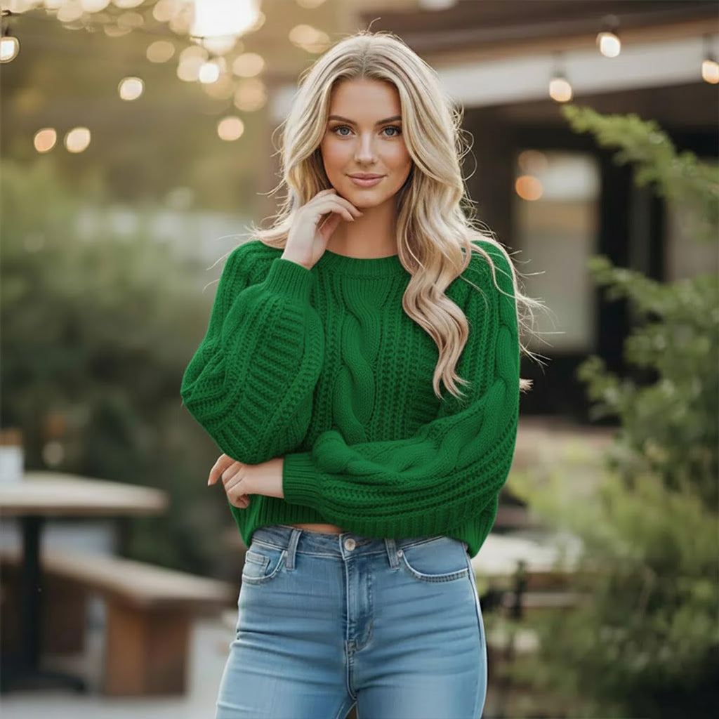 Grewear Women's Cropped Cable Knit Sweater, Soft Long Sleeve Crewneck Pullover, Casual Cozy Knit Top for Fall Winter Outfits, Gift for Women Forest Green-XS