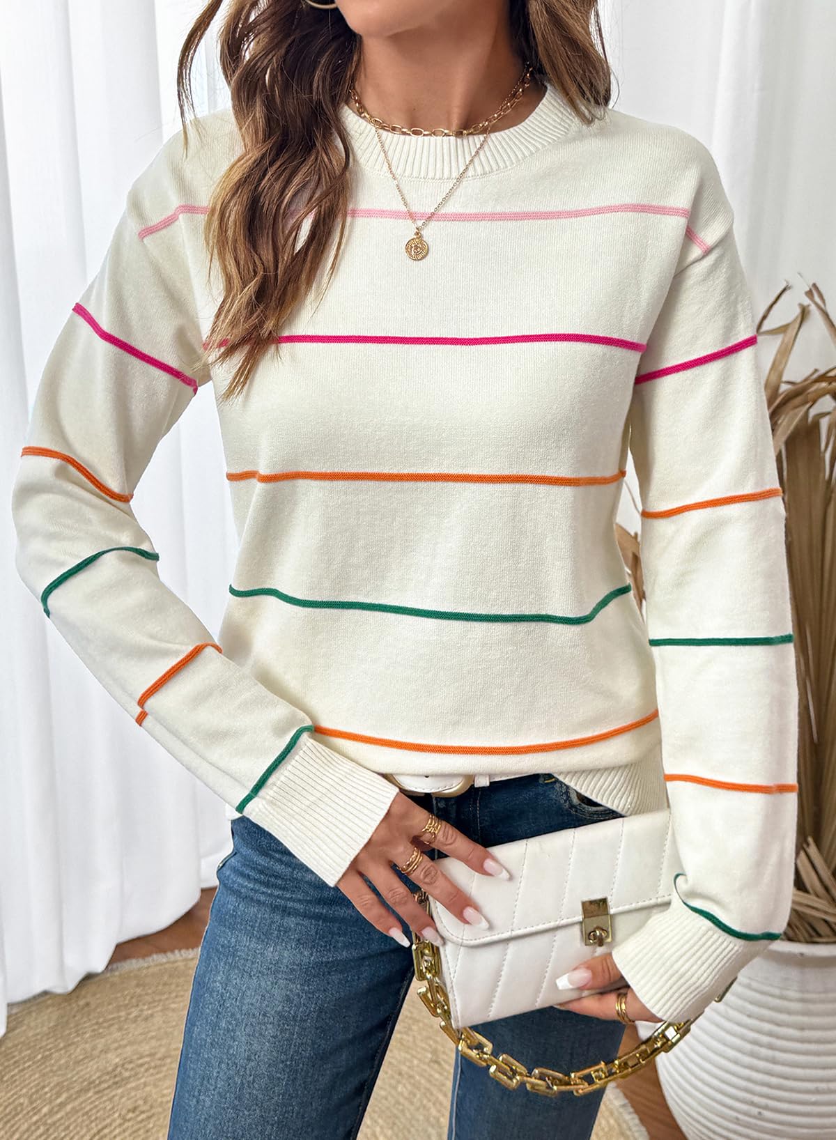 SHEWIN Sweaters for Women Crew Neck Womens Fall Tops Casual Striped Sweater Women Lightweight Womens Tops Dressy Casual Fall Clothes White XX-Large