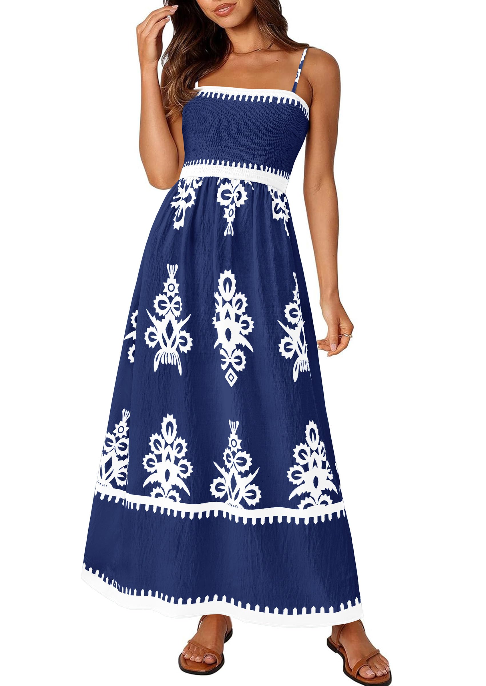 PRETTYGARDEN Summer Dress for Women 2025 Floral Sundress Spaghetti Strap Flowy Beach Vacation Boho Maxi Dresses (Dark Blue White Floral,Medium)