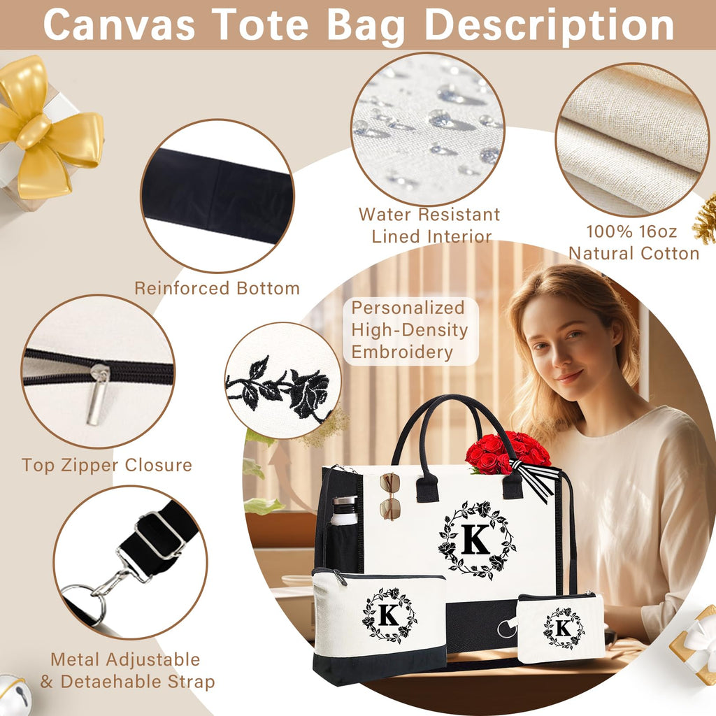 Adoryoung Monogram Personalized Initial Canvas Tote Bags for Women, Double-sided Embroidery Monogrammed Tote Bags Gifts for Women, Canvas Beach Bag (K)