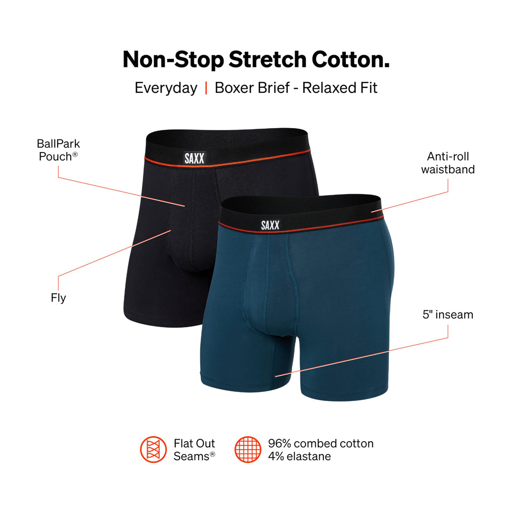 SAXX Underwear Co. Men's Non-Stop Stretch Cotton Boxer Brief Fly 2-Pack, Hurricane/Black, Large