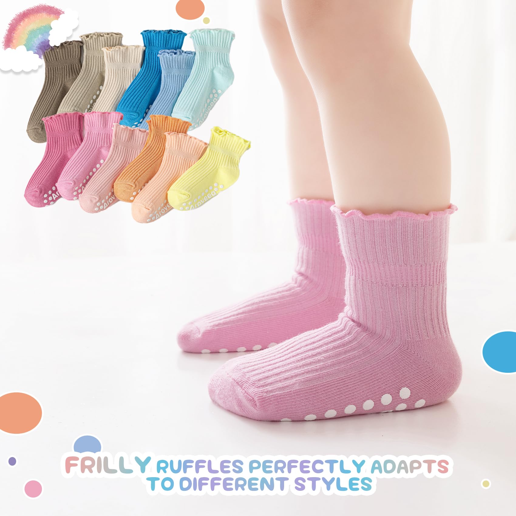 Aroveea Baby Toddler Girls Socks Grip Ruffle Non Slip Girls Cotton 12 Pack Socks for 1-3T Kids Cute Ankle 6M-7Years
