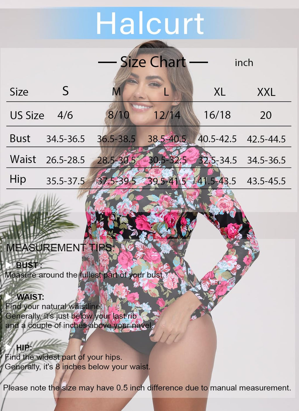 Halcurt Womens Long Sleeve Rash Guard Swim Shirts with Built in Bra UPF50+ Sun Protection Swimsuit Top Black Pink Floral M