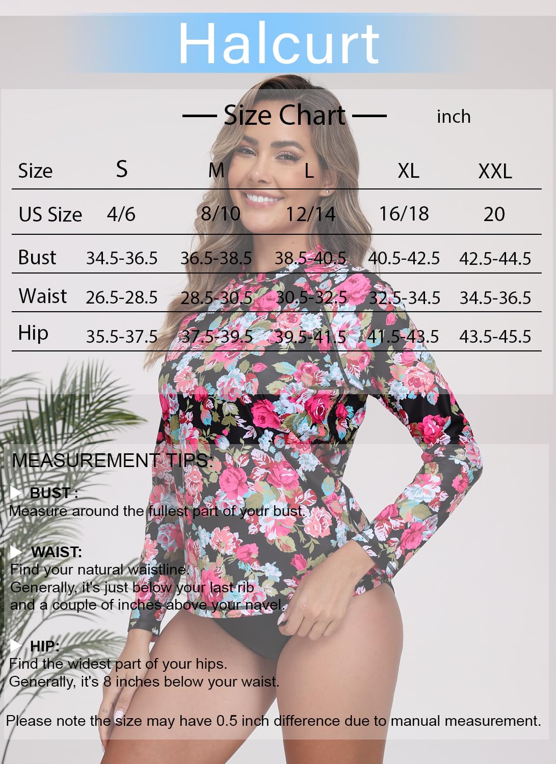 Halcurt Womens Long Sleeve Rash Guard Swim Shirts with Built in Bra UPF50+ Sun Protection Swimsuit Top Black Pink Floral M