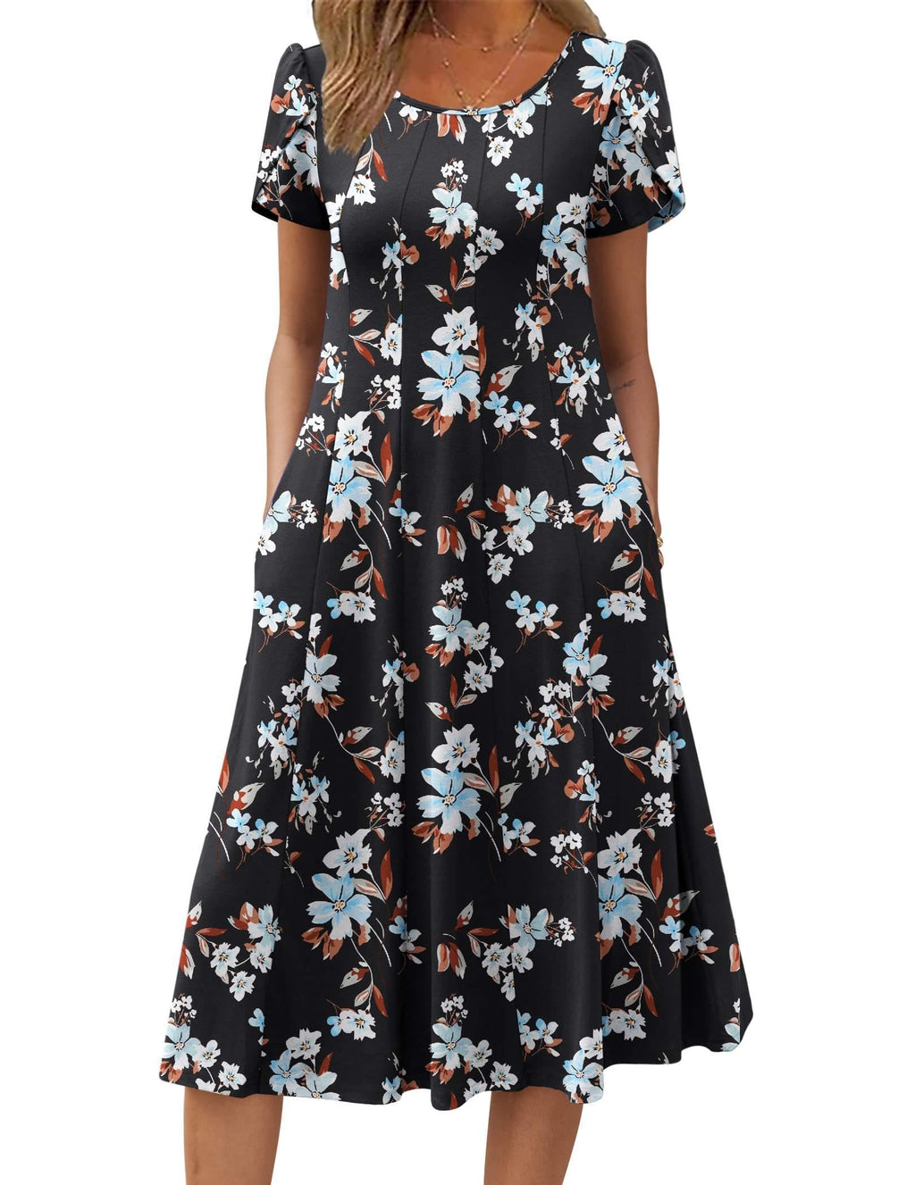Zeagoo Plus Size Womens Casual Summer Dresses Midi Fit and Flare Dresses for Women Loose Fit Long Dress Black Flower