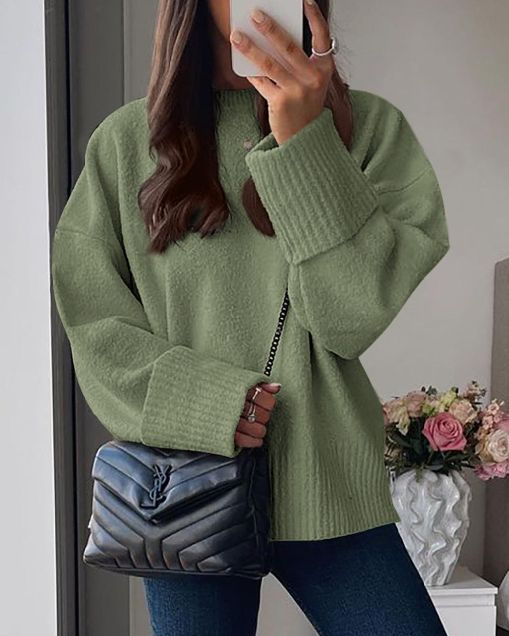 PRETTYGARDEN Women's Fall Oversized Sweaters Casual Crewneck Pullover Long Sleeve Fuzzy Chunky Knit Tops Blouse (Army Green,Large)