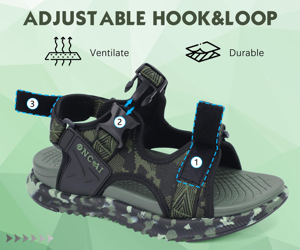 ONCAI Men's Hiking Sandals，Arch Support Orthopedic Recovery Walking Sandal for Men 2026 with Camouflage Breathable Mesh Upper Adjustable Strap Summer Water Athletic Shoes Green US Size 10
