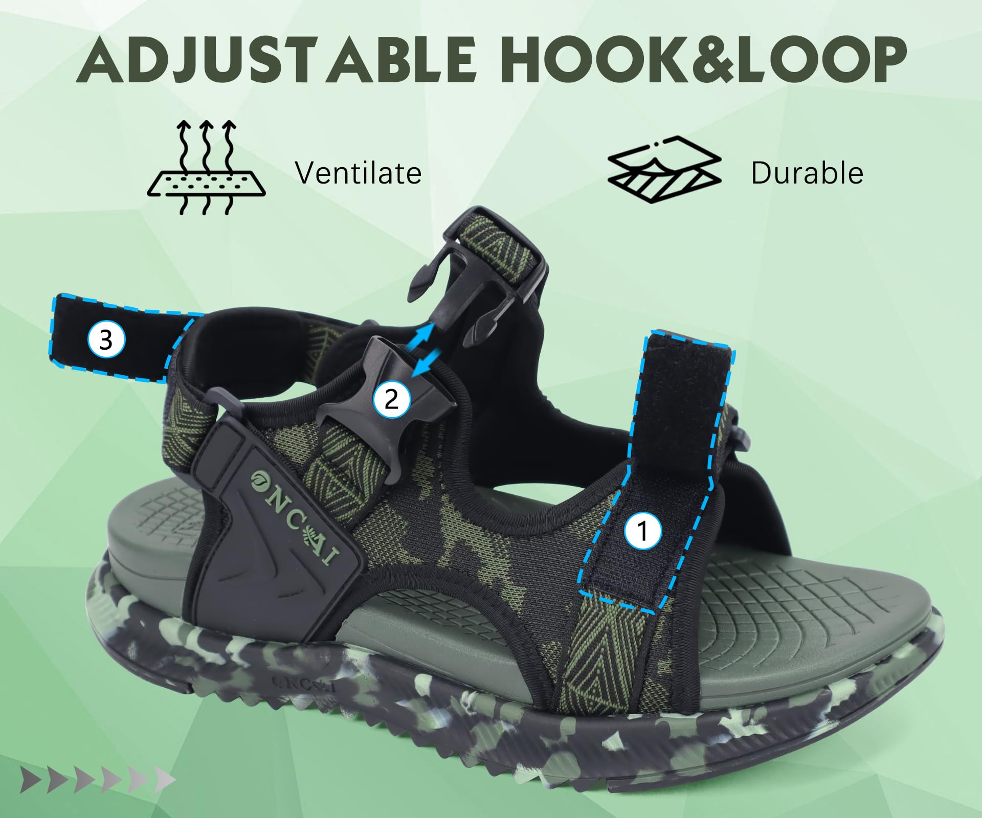 ONCAI Men's Hiking Sandals，Arch Support Orthopedic Recovery Walking Sandal for Men 2026 with Camouflage Breathable Mesh Upper Adjustable Strap Summer Water Athletic Shoes Green US Size 10
