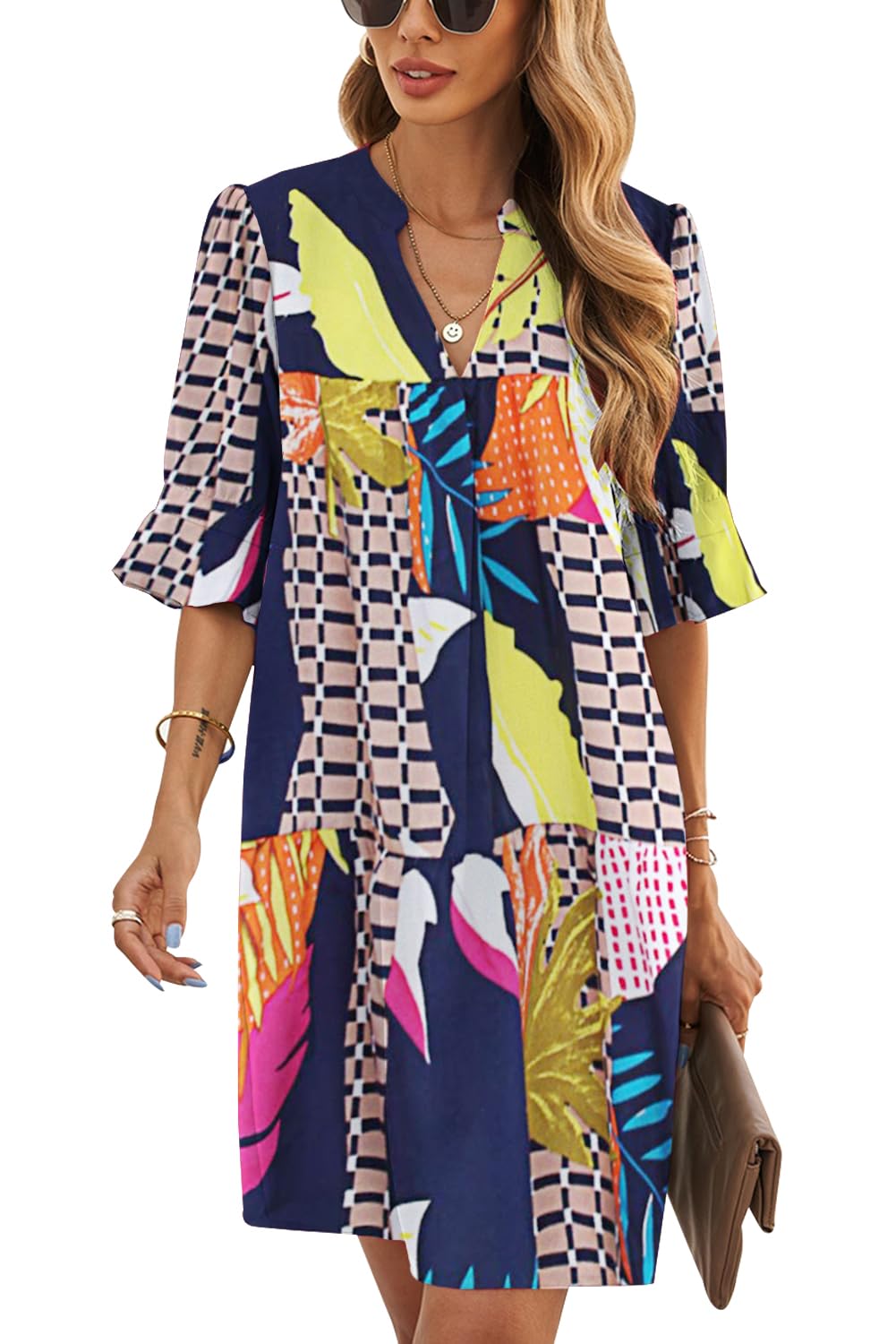 QACOHU 2026 Dress for Womens Summer Tunic V Neck Casual Loose Flowy Swing Shift Dress Geometry L