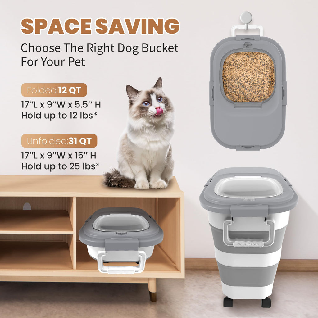 DDMOMMY 23-25 Lbs Airtight Dog Food Storage Container,Collapsible Dog Food Container with Lid,Wheels,Handle,Large Pet food storage Container with Scoop,Small Food Container for Dog Cat