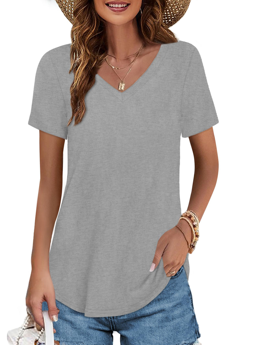 Elesomo Women Tops Casual Short Sleeve V Neck Curved Hem Cotton Tee Shirts, Grey L