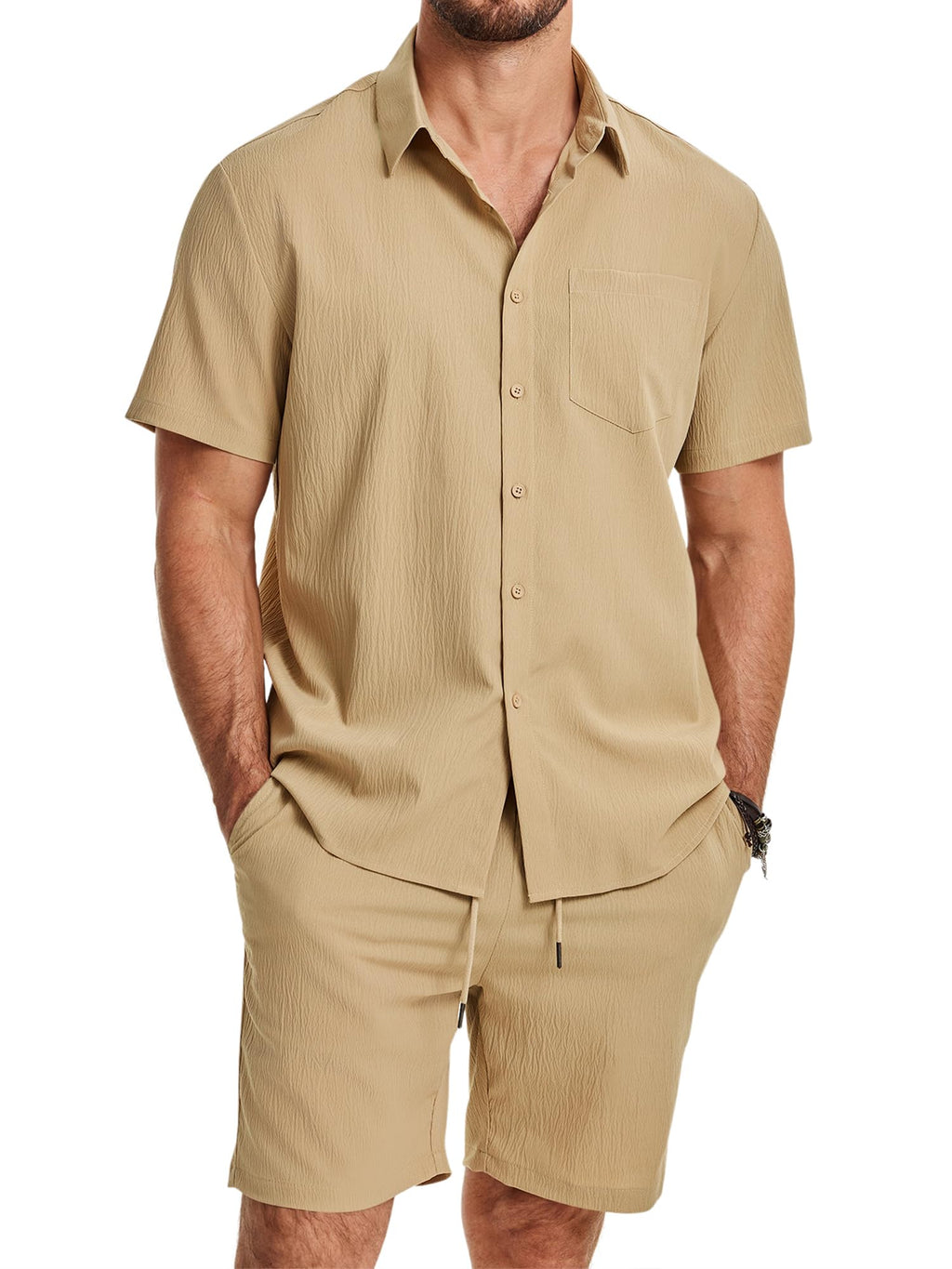 JMIERR 2 Piece Set for Men Beach Sets 2026 Linen Drawstring Summer Vacation Old Money Cruise Texture Outfits, S, Khaki