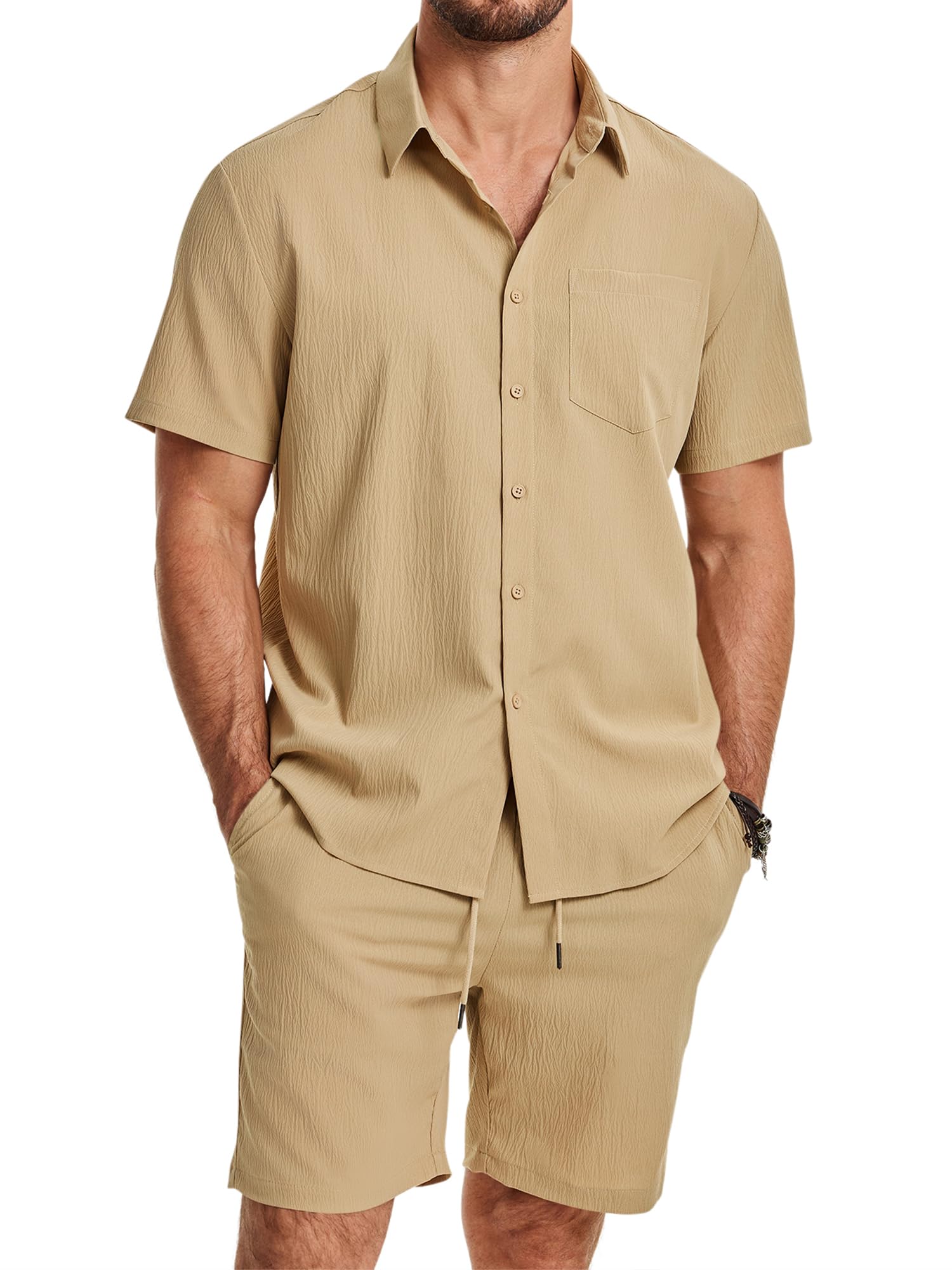 JMIERR 2 Piece Set for Men Beach Sets 2026 Linen Drawstring Summer Vacation Old Money Cruise Texture Outfits, S, Khaki
