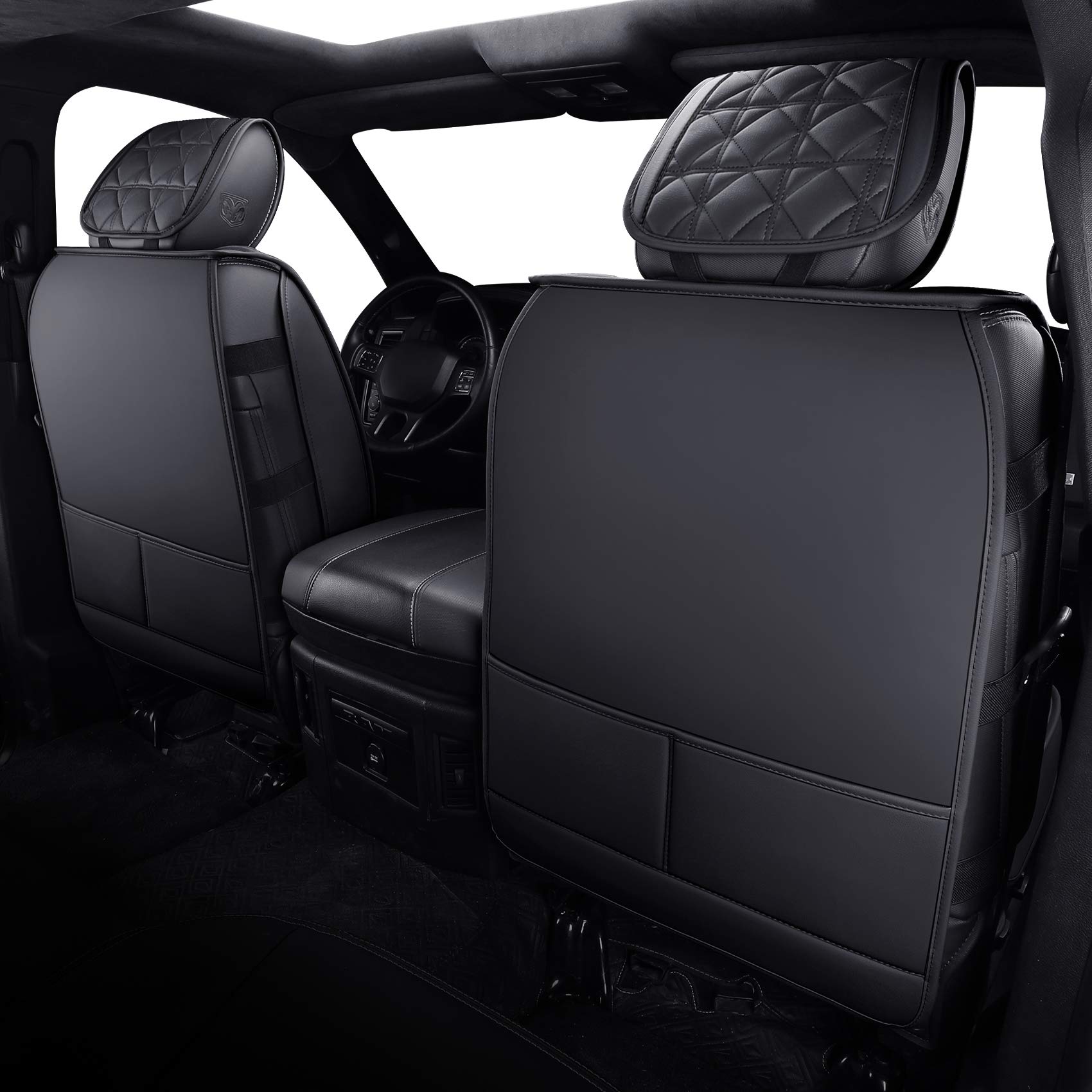 YIERTAI Dodge RAM Seat Covers Fit for 2009-2025 2026 1500HD 2010-2026 2500/3500HD Truck Full Set Crew Double Cab Quad Cab Waterproof Faux Leather Seat Covers(5 PCS Full Set/Black)